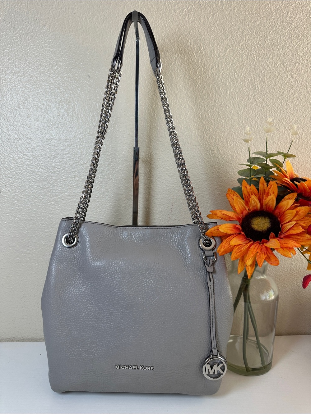 Michael Kors Light Gray Pebbled Leather Chain-Handle Shoulder Tote